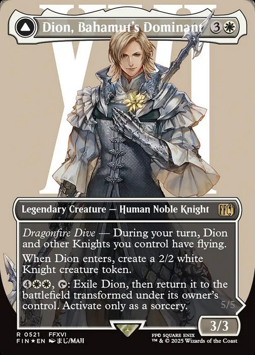 Dion, Bahamut's Dominant // Bahamut, Warden of Light - Borderless - Full Art - Enchantment - Inverted - Legendary - Surge Foil (Foil)