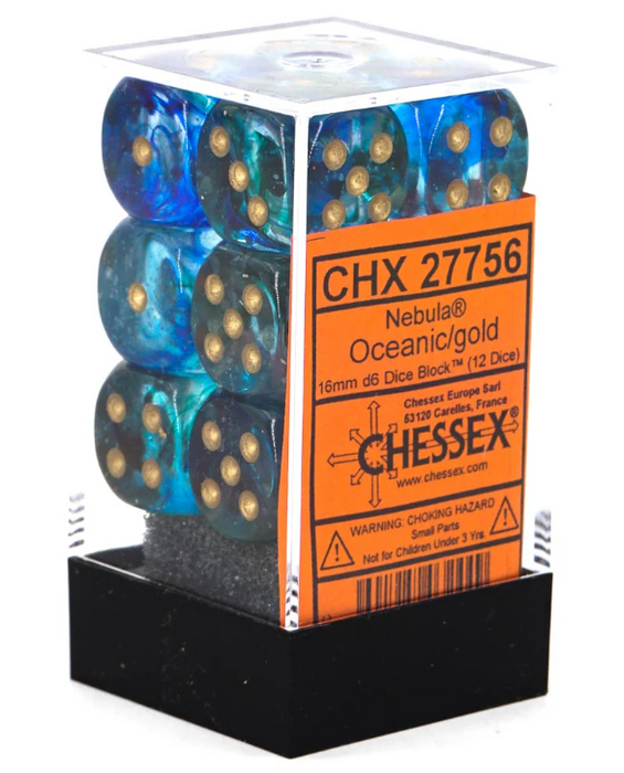 Chessex 12 Piece 16mm D6 Dice Nebula Oceanic w/ Gold (27756)