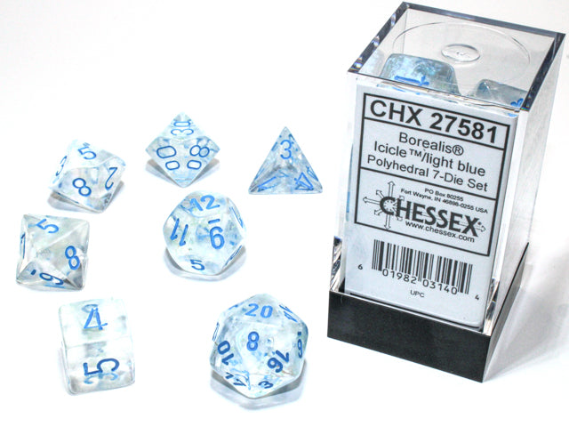 Chessex 7 Piece Dice Set Borealis Icicle/Light Blue Glows in the dark (27581)