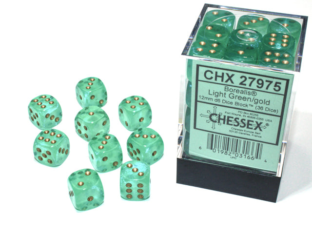 Chessex 36 Piece 12mm D6 Dice Set Borealis Light Green/Gold (27975)