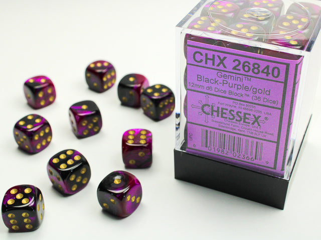 Chessex 36 Piece 12mm D6 Dice Set Gemini Black-Purple/Gold (26840)