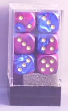 Chessex 12 Piece 16mm D6 Dice Gemini Blue-Purple/Gold (26628)