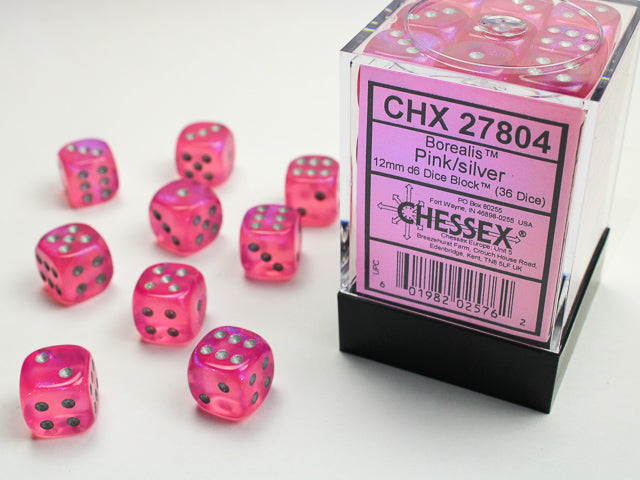 Chessex 36 Piece 12mm D6 Dice Set Borealis Pink/Silver 27804