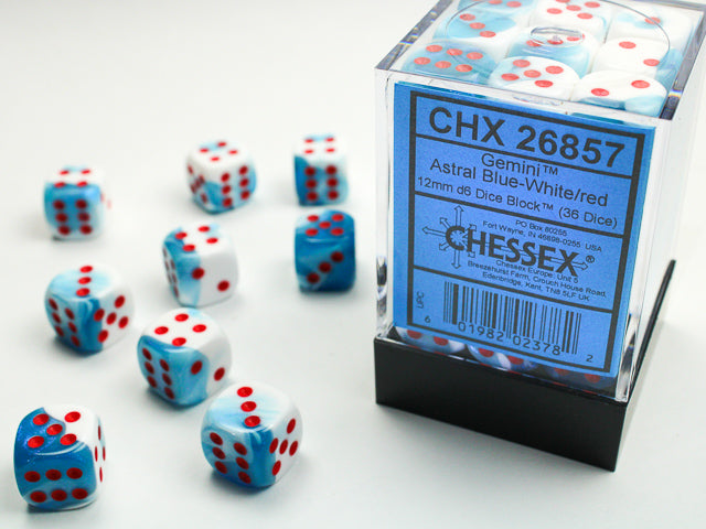 Chessex 36 Piece 12mm D6 Dice Set Gemini Astral Blue-white/Red 26857