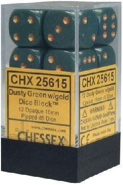 Chessex 12 Piece 16mm D6 Dice Opaque Dusty Green/Copper (25615)