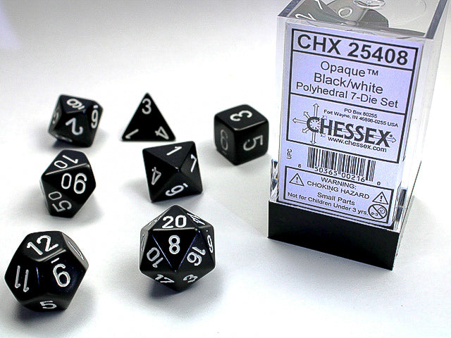 Chessex 7 Piece Dice Set Opaque Black/White (25408)