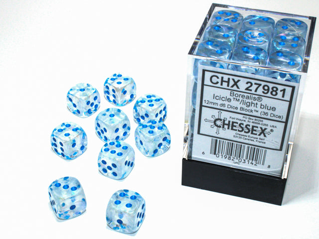 Chessex 36 Piece 12mm D6 Dice Set Borealis Icicle/Light Blue Luminary (27981)