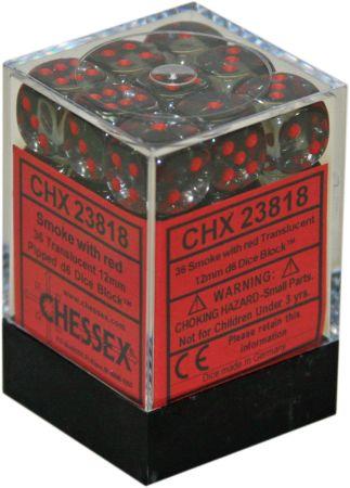 Chessex 36 Piece 12mm D6 Dice Set Translucent Smoke/Red (23818)