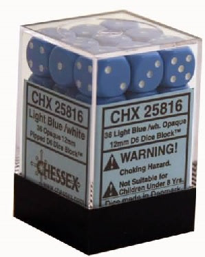 Chessex 36 Piece 12mm D6 Dice Set Opaque Light Blue/White (25816)