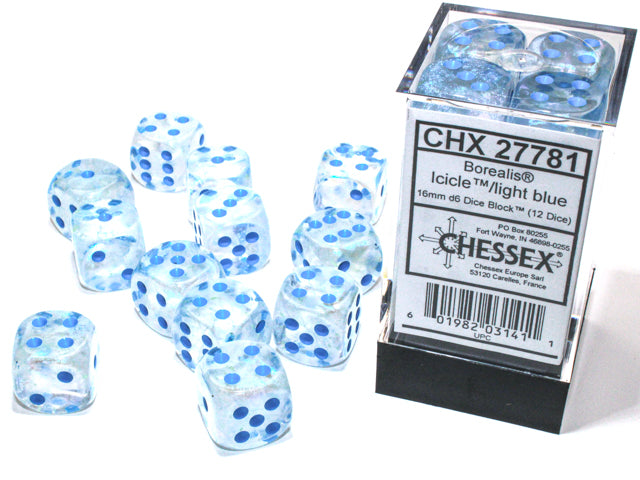 Chessex 12 Piece 16mm D6 Dice Borealis Icicle/Light Blue (27781)
