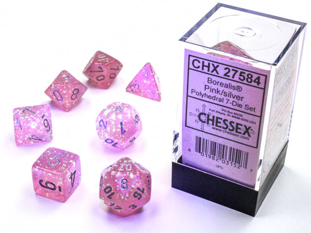 Chessex 7 Piece Dice Set Borealis Pink/Silver Luminary (27584)