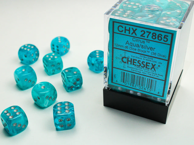 Chessex 36 Piece 12mm D6 Dice Set Cirrus Aqua/Silver 27865