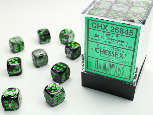 Chessex 36 Piece 12mm D6 Dice Set Gemini Black-Grey/Green (26845)