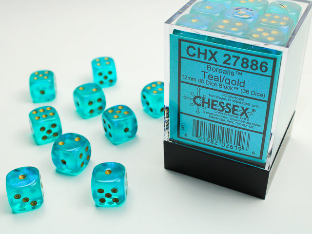 Chessex 36 Piece 12mm D6 Dice Set Borealis Teal/Gold 27886