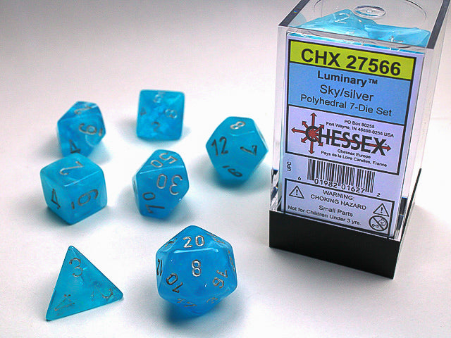 Chessex 7 Piece Dice Set Luminary Sky/Silver (27566) Glow-In-The-Dark