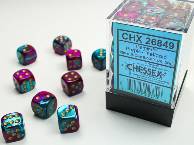 Chessex 36 Piece 12mm D6 Dice Set Gemini Purple-Teal/Gold (26849)
