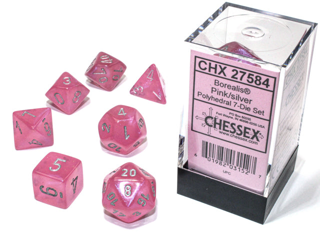 Chessex 7 Piece Dice Set Borealis Pink/Silver Luminary (27584)