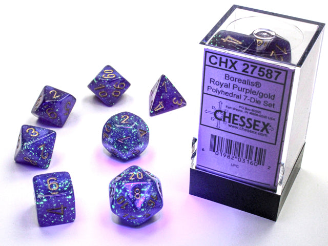 Chessex 7 Piece Dice Set Luminary Royal Purple/Gold (27587) Glow-In-The-Dark