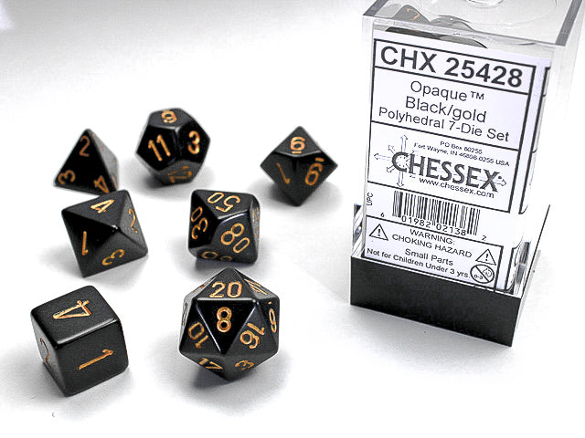 Chessex 7 Piece Dice Set Opaque Black/Gold (25428)