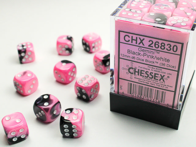 Chessex 36 Piece 12mm D6 Dice Set Gemini Black-Pink/White (26830)