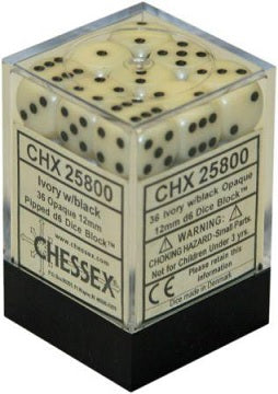 Chessex 36 Piece 12mm D6 Dice Set Opaque Ivory/Black (25800)