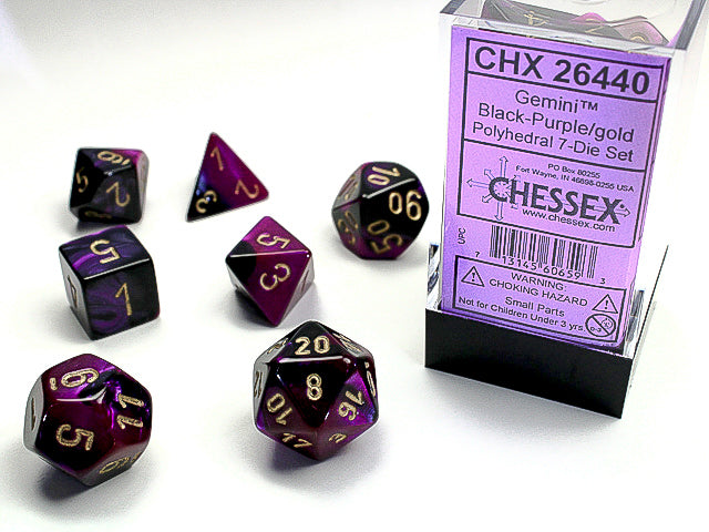 Chessex 7 Piece Dice Set Gemini Black-purple/Gold (26440) Blacklight reactive