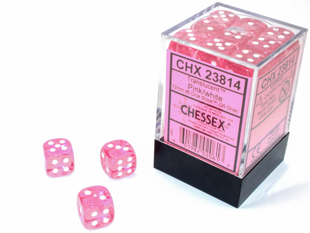 Chessex 36 Piece 12mm D6 Dice Set Translucent Pink/White (23814)