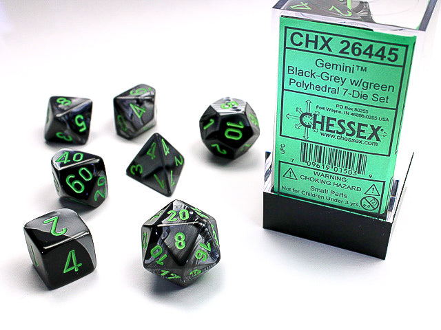 Chessex 7 Piece Dice Set Gemini Black-Grey/Green (26445)