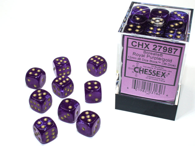 Chessex 36 Piece 12mm D6 Dice Set Borealis Luminary Royal Purple/Gold (27987)