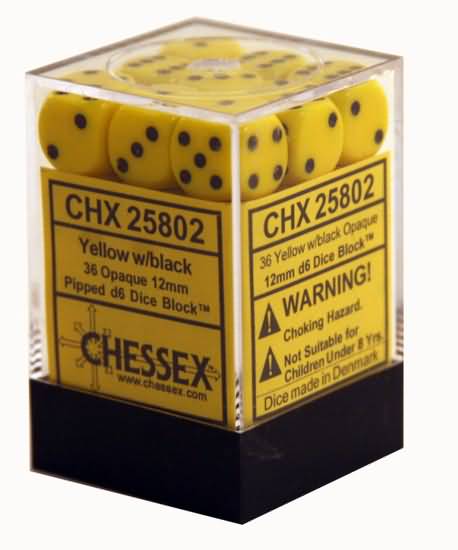 Chessex 36 Piece 12mm D6 Dice Set Opaque Yellow/Black (25802)