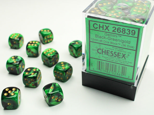 Chessex 36 Piece 12mm D6 Dice Set Gemini Black-Green/Gold (26839)