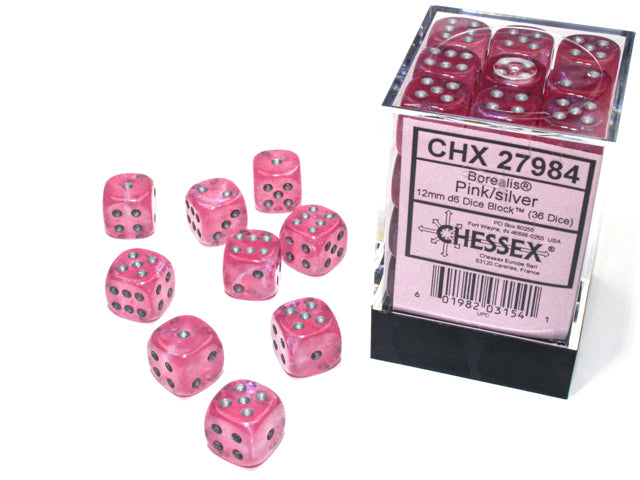 Chessex 36 Piece 12mm D6 Dice Set Borealis Pink/Silver (27984)