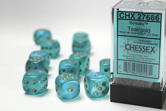 Chessex 12 Piece 16mm D6 Dice Borealis Teal With gold (27686)