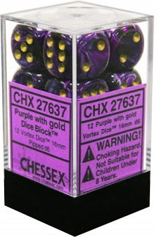 Chessex 12 Piece 16mm D6 Dice Vortex Purple/Gold (27637)