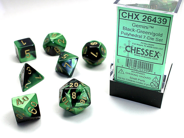 Chessex 7 Piece Dice Set Gemini Black-Green/Gold (26439)