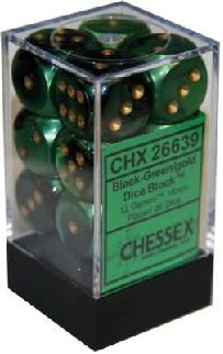 Chessex 12 Piece 16mm D6 Dice Gemini Black-Green/Gold (26639)