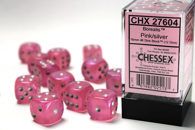Chessex 12 Piece 16mm D6 Dice Borealis Pink/Silver 27604