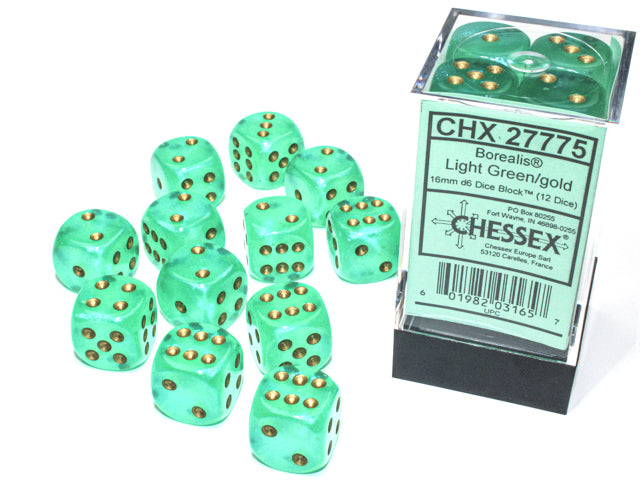 Chessex 12 Piece 16mm D6 Dice Borealis Light Green/Gold (27775)
