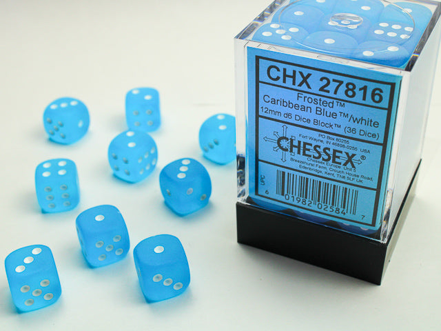 Chessex 36 Piece 12mm D6 Dice Set Frosted Carabbean Blue/White 27816
