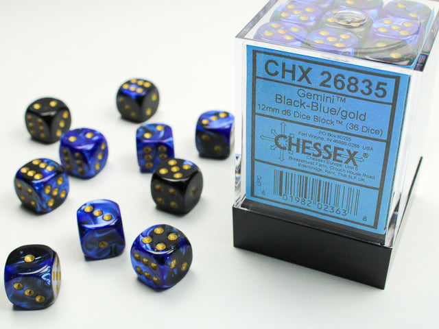 Chessex 36 Piece 12mm D6 Dice Set Gemini Black-Blue/Gold (26835)