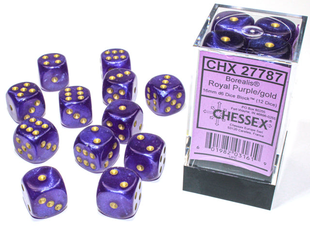 Chessex 12 Piece 16mm D6 Dice Borealis Royal Purple/Gold (27787)