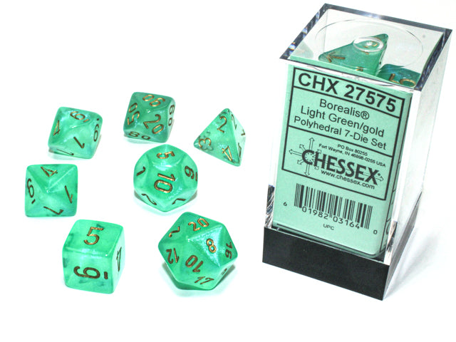 Chessex 7 Piece Dice Set Borealis Light Green/Gold (27575) Glows in the dark